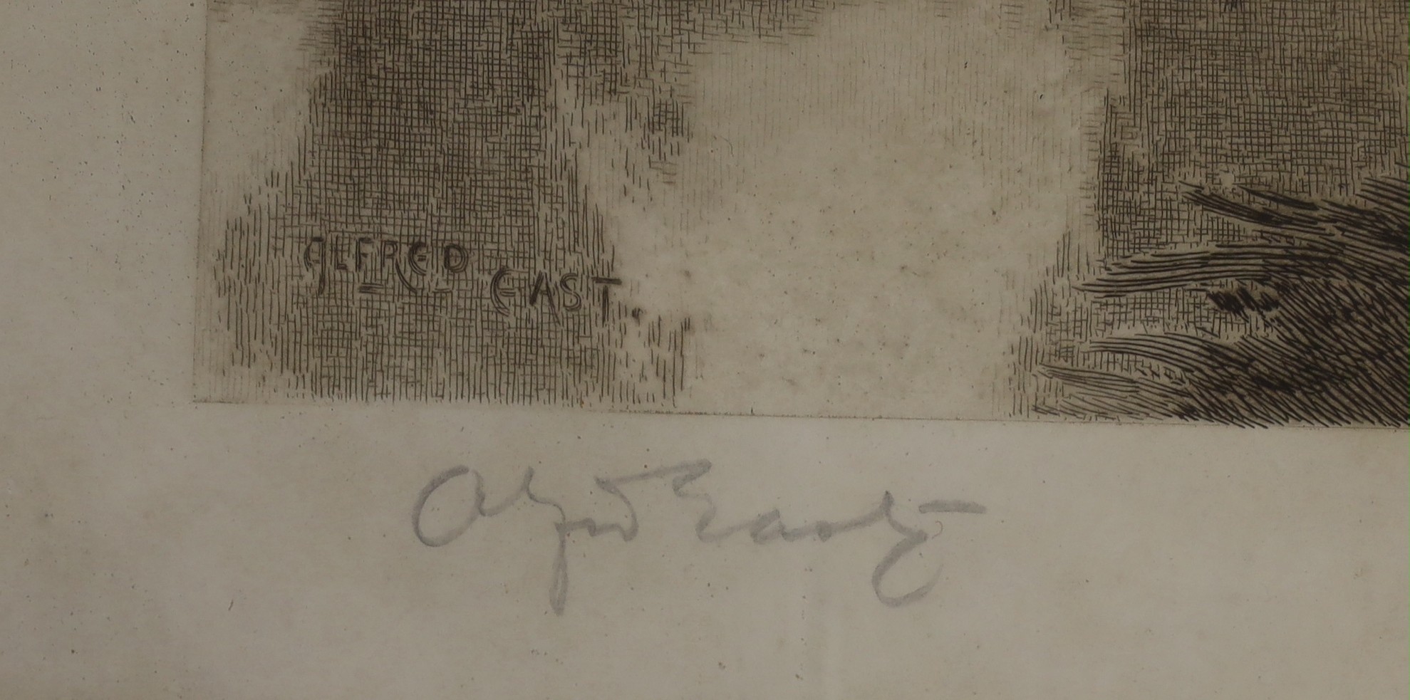 John Wood after Sir Alfred East, engraving, Boatman in a landscape, signed by both artists, 46 x 55cm